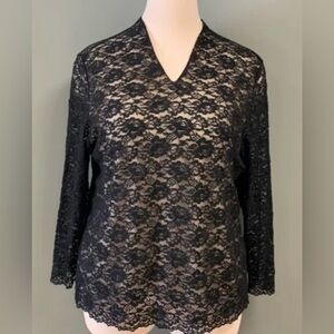 Dialogue Standing V-Neck Lined Body Lace Blouse 2X Black NWT